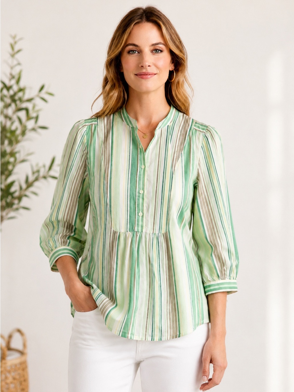 LOFT Striped Bib Front Blouse 4 Green White Mandarin Collar 3/4 Sleeve Peasant
